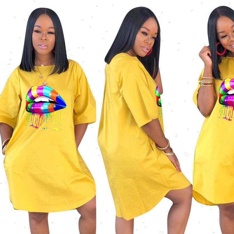 

colorful lip print womens dresses o neck casual robe femme short sleeve summer dmn018, Black;gray