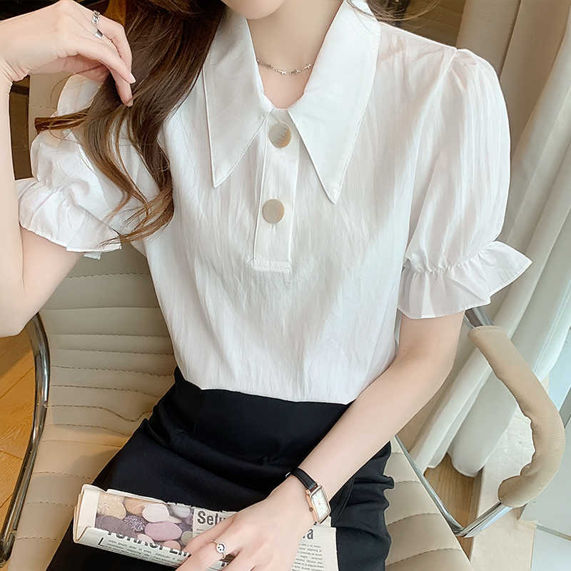 

Summer Women' Shirt White Polo Neck Blouses for Women Short Sleeve Clothing Female Petal Basic  210604