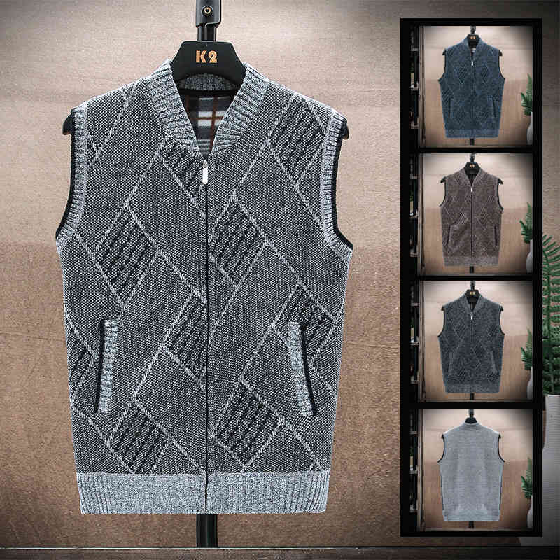 

men's sweaters men spring and autumn waistcoat sleeveless knitwear fleece jacket winter thick warm striped zipper cardigan vest d4, White;black