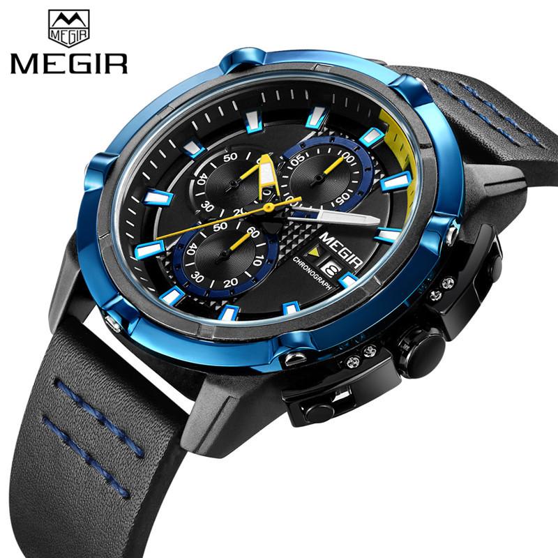 

Wristwatches MEGIR Men Watch Top Chronograph Calendar Sport Wristwatch Military Leather Blue Male Clock Relogio Masculino 2062, Me206203