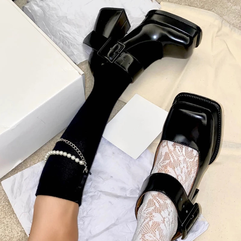 

Black Punk Chunky Designer Platform Mary Janes Heels Shoes Women Patent Leather Square Toe Goth High Heels Women Pumps