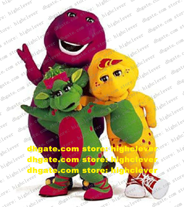 

Quiet Green Yellow Purple Barney Mascot Costume Baby Bop BJ Barney's Friends Dinosaur Dino Mascotte Costumes With Bright Eyes Short Tail No.8321