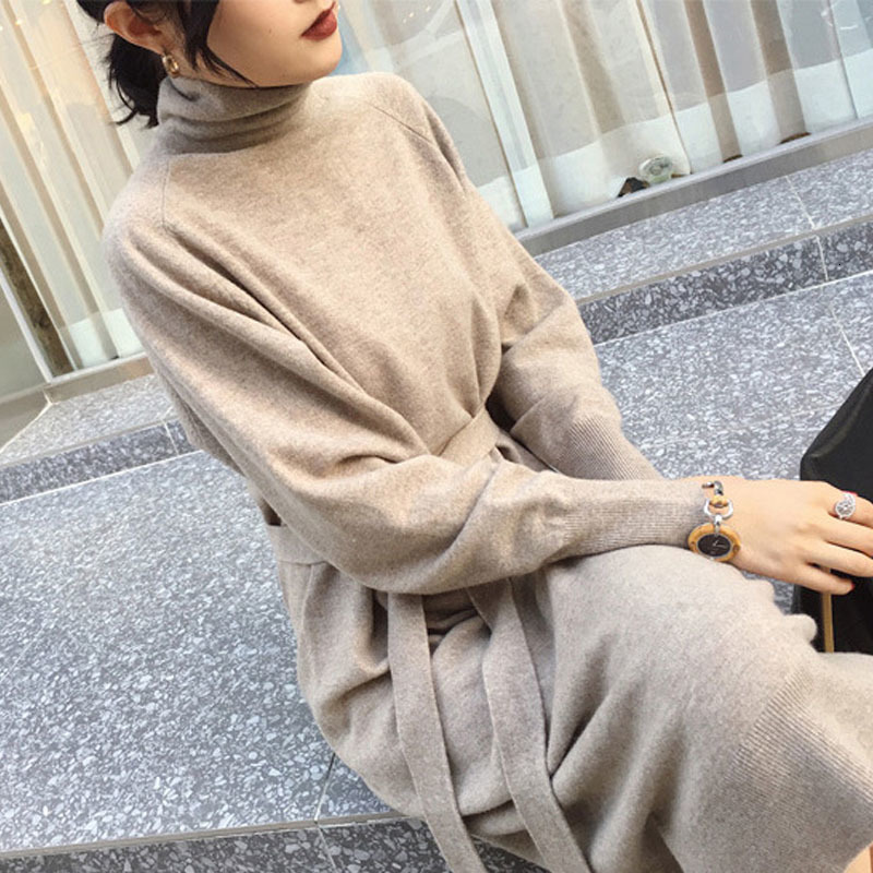 

Sweater Long Dress With Sashes Women Knitted Turtleneck Dress Autumn Winter Warm Knit Female Dress Loose Midi Vestidos Dresses, Black