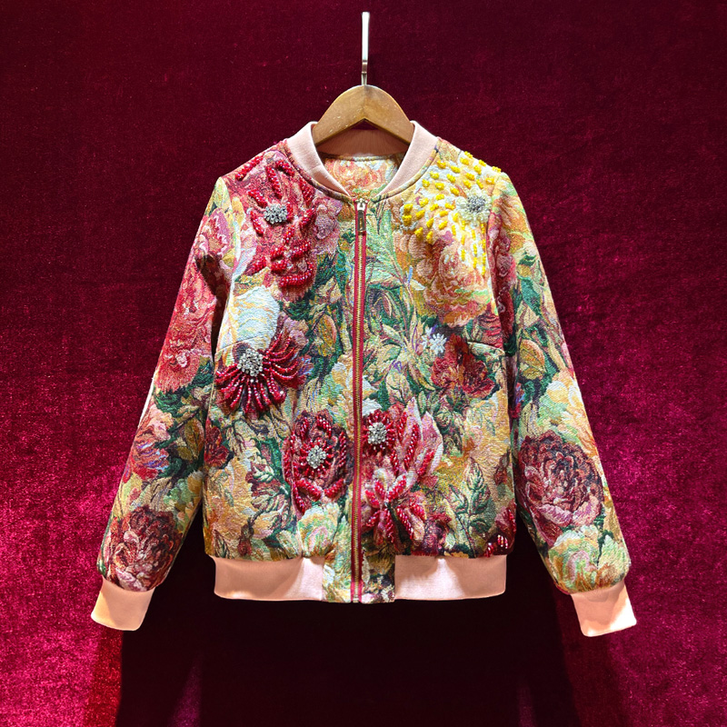 

European and American women' clothing winter 2022 new Long - sleeve heavy - beaded flower jacquard print Fashion jacket, Pink