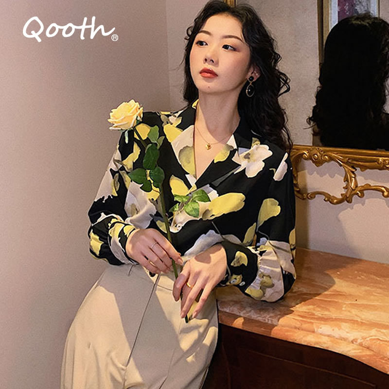 

Qooth Women' Loose Blouse Autumn Floral Print Turn Down Collar Long Sleeve Blouses Beach Boho Casual Female Tops Blouse QT147 210518, Black