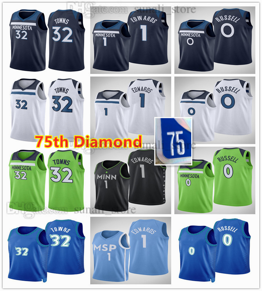 

75th Anniversary Diamond Basketball Jerseys 2021/22 Anthony Edwards 1 Karl-Anthony Towns 32 D'Angelo Russell 0 City White Blue Green Black Grey Men Women Kids Youth