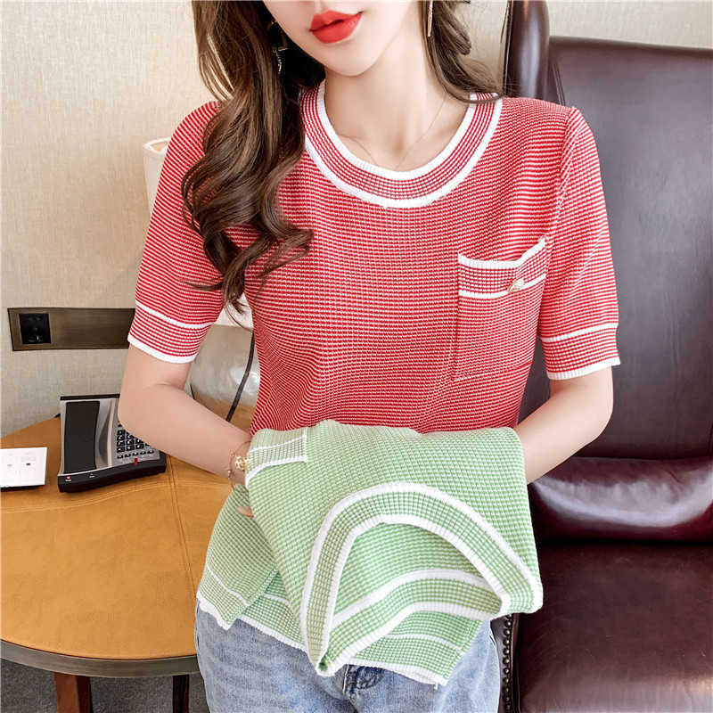 

Summer O-neck Thin Casual Knitted Sweater Women Korean Short Sleeve Chic Fashion Sweet T-shirts Female 210526, Photo color