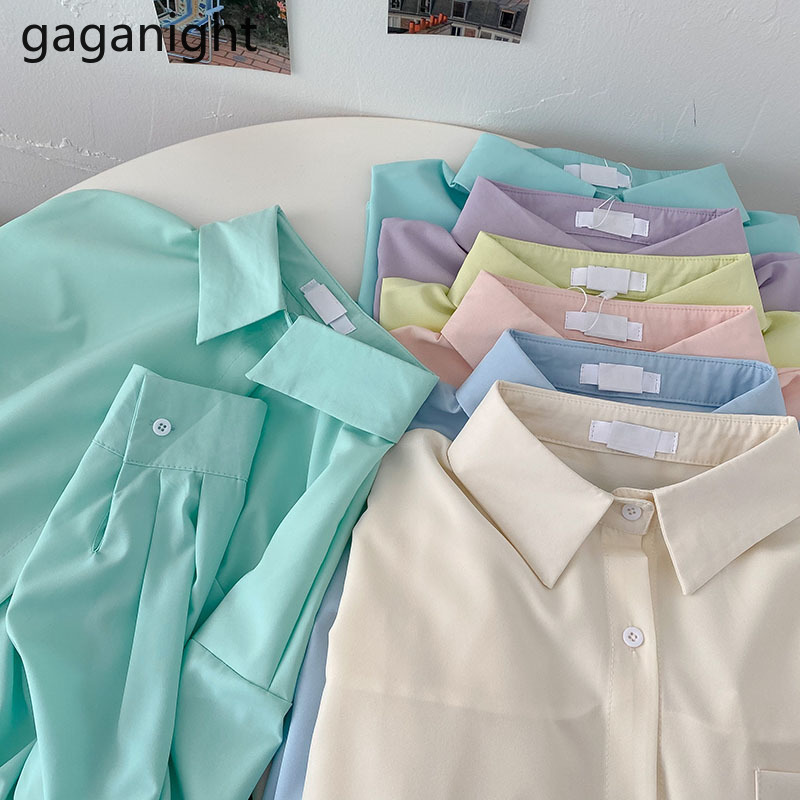 

Gaganight Korean Style Vintage Loose Ladies Blouses Spring Fashion Solid Single Breasted Turn-down Collar Long Sleeve Shirts 210519, Yellow