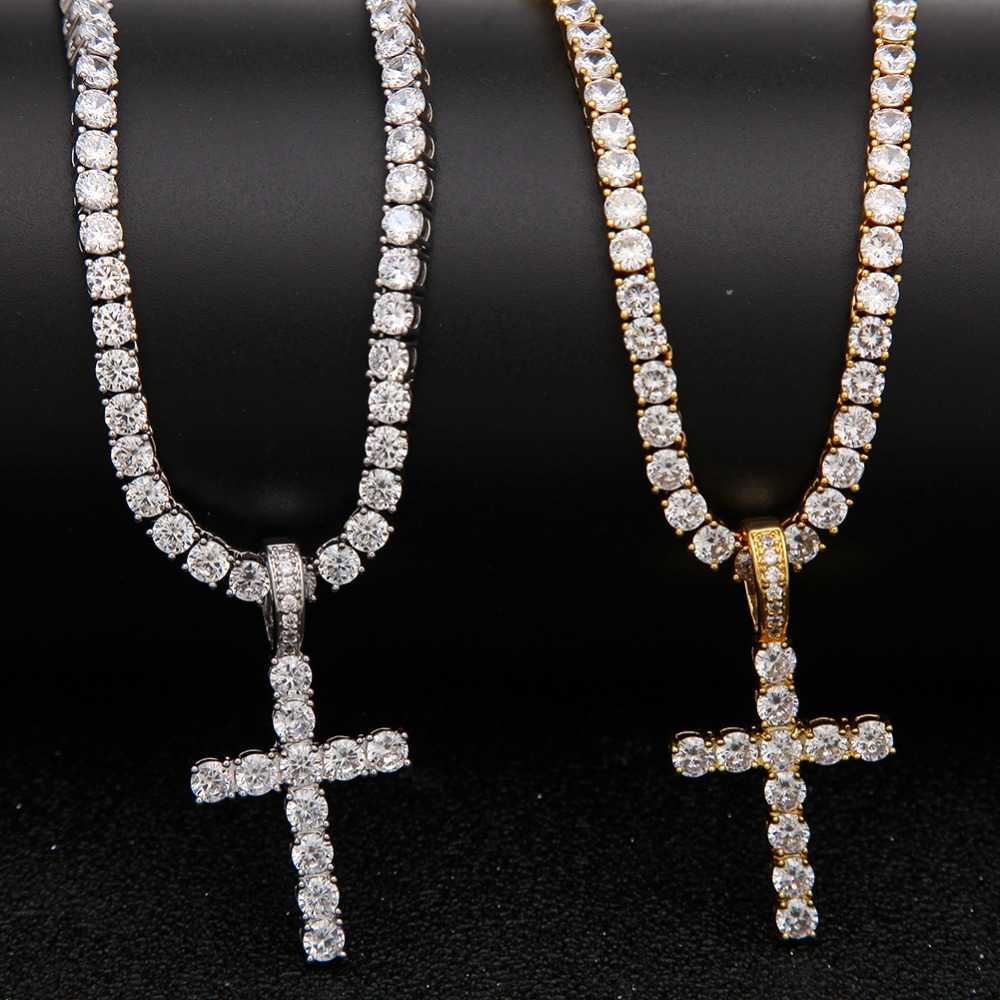 

Iced Out Zircon Cross Pendant with 4mm Tennis Chain Necklace Men Women Hip Hop Jewelry Gold Silver Cz Set