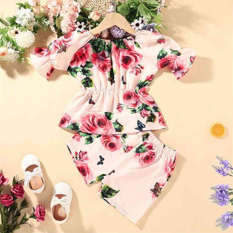 

Winter Children Sets Long Sleeve Print Floral T-shirt Pink Flower Shorts Cute 2Pcs Girls Boys Clothes 12M-5T 210629