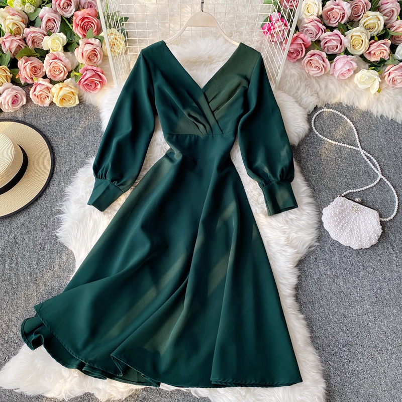 

Luxury Runway Autumn Green Dresses Women Elegant Spring High Waist Party Dress Boho Vintage 2021 Long Sleeve A-Line, Same as picture