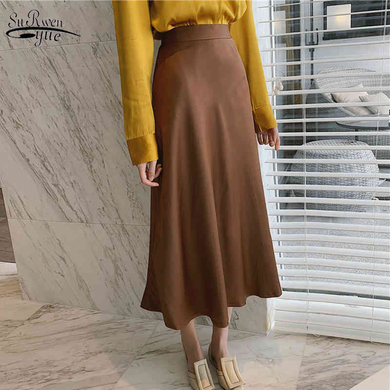 

Korean Soft Satin Skirts Women Office Ladies High Waist Zipper Female A-line Skirt Mid-length Spring Falda Mujer 9940 210521, Brown