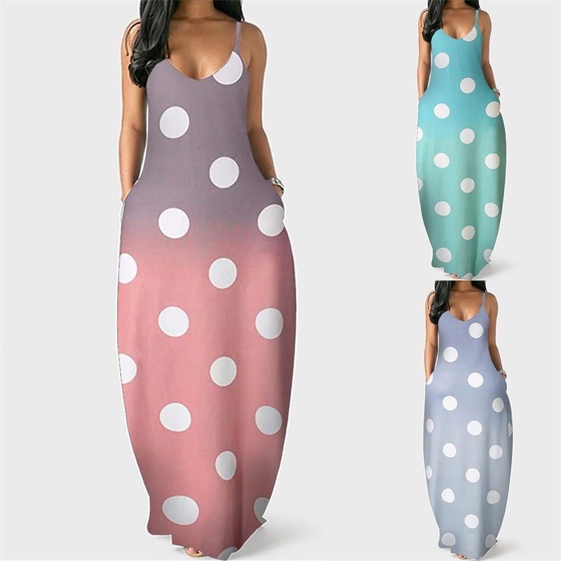 

2021 women' Beach Holiday print beach long skirt Bohemian suspender dress, Pink dots