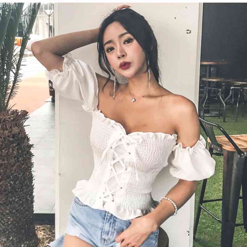 

Arrival Boho Sexy Summer Crop Top Womens Tops and Blouses Puff Sleeve Off Shoulder Lace Up Beach Shirt blusa feminina 210525, Black