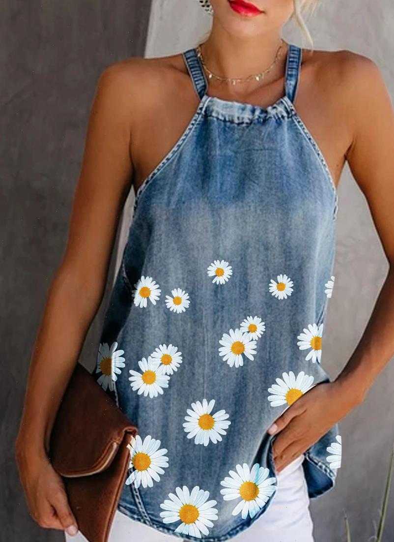 

women cami womens summer daisy tank halter neck bandage vest long camisole sleeveless sunflower print denim blouse t, White