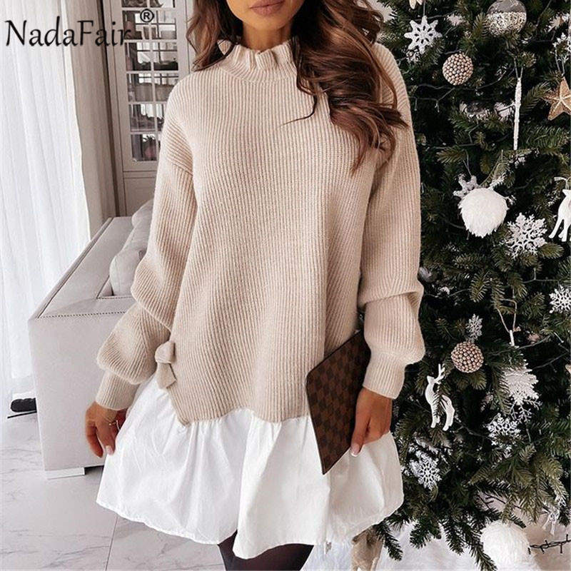 

Nadafair Ruffles Neck Long Sleeve Woman Dress 2021 Spring Mini Patchwork Bow Tie A-Line Solid Knitted Short Party Dress Women, Apricot