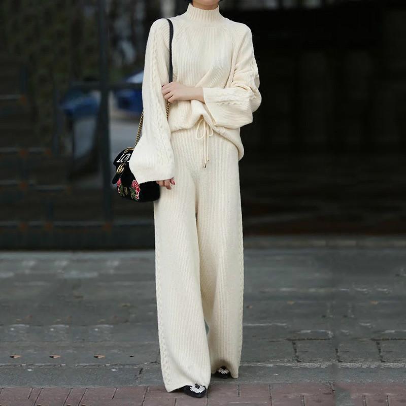

Women's Two Piece Pants Autumn Winter Women Knitted Turtleneck Sweatshirts Casual Suit Cashmere Top And Elegant Wide Straight 2 Set, Gray