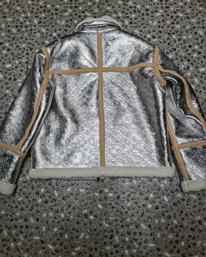 

Woman mirrored fur all-in-one silver jacket, stitching zipper square neck warm jacket 107, Black