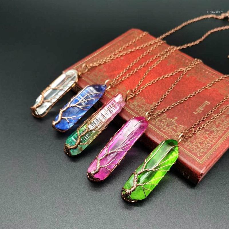 

Handmade 7 Chakra Natural Rainbow Stone Tree Of Life Pendant Necklace For Women Men Long Chain Statement Jewelry Gift Chains