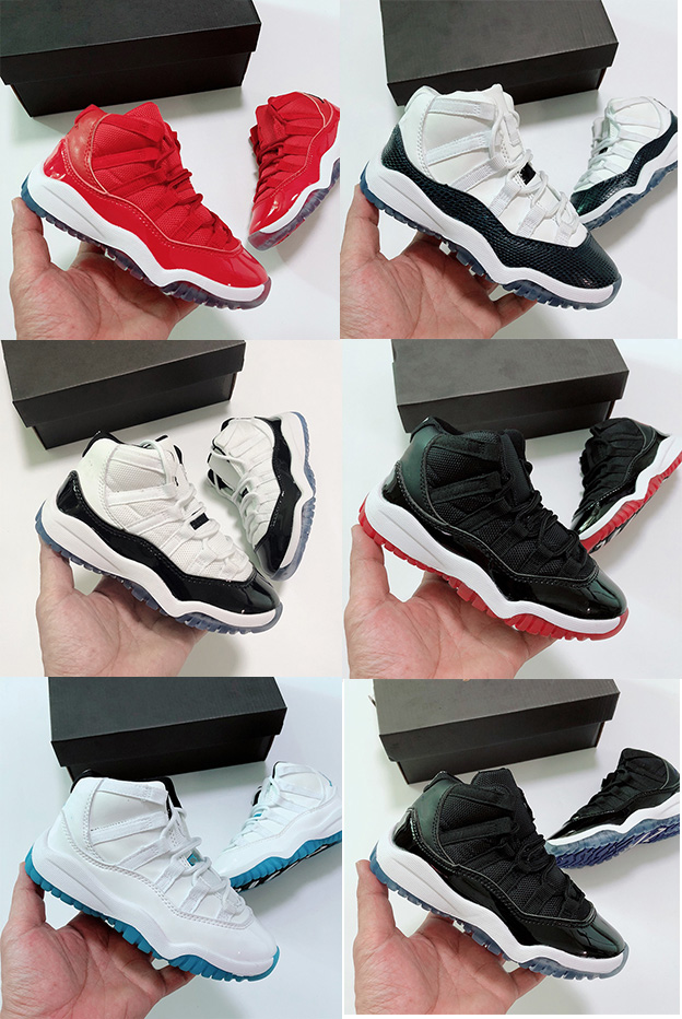 

11s Space Jam Kids Sport Basketball Shoes Black Red Colors GS Heiress Suede Maroon 11 Sneakers Sunset Size 28-35, Color 1