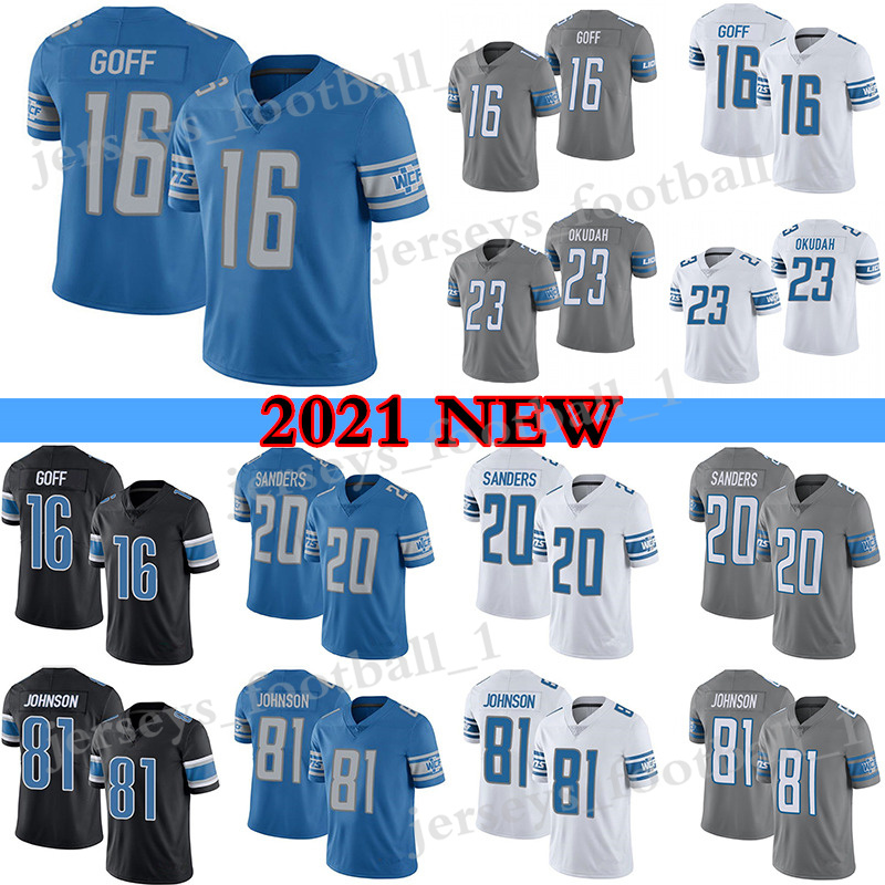 

16 Jared Goff 23 Jeff Okudah football jerseys Barry Sanders DetroitLionsCalvin Johnson Men' Stitched, Light blue