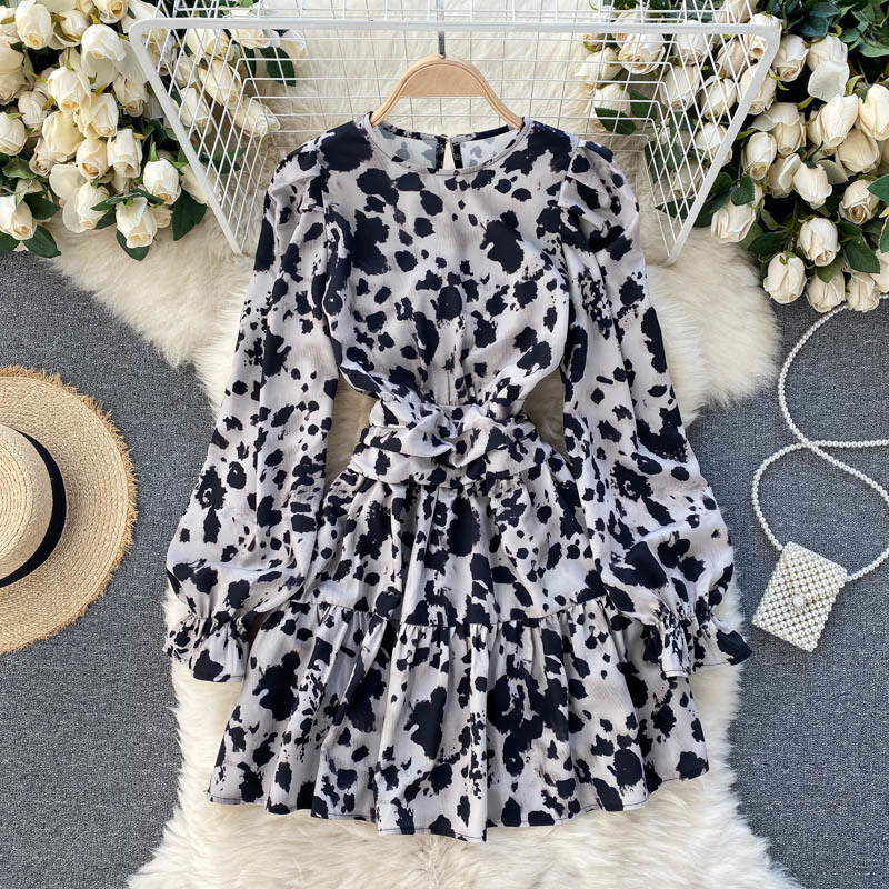 

spring and summer retro fashion leopard print French long-sleeved waist-sealing design ruffled dress 210525, Gray
