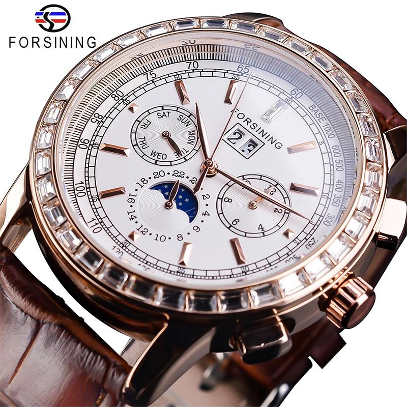 

Wristwatches Forsining Corium Strap Fashion Man's Wristwatch Automatic Mechanical Multifunctional Full-automatic Waterproof Watch Men, No.1