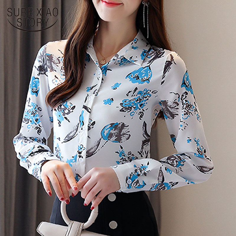 

Autumn Women' Blouses Long Sleeve Floral Print Chiffon Clothes Shirt Office Lady Tops and Blusas 10623 210521, Blue flower