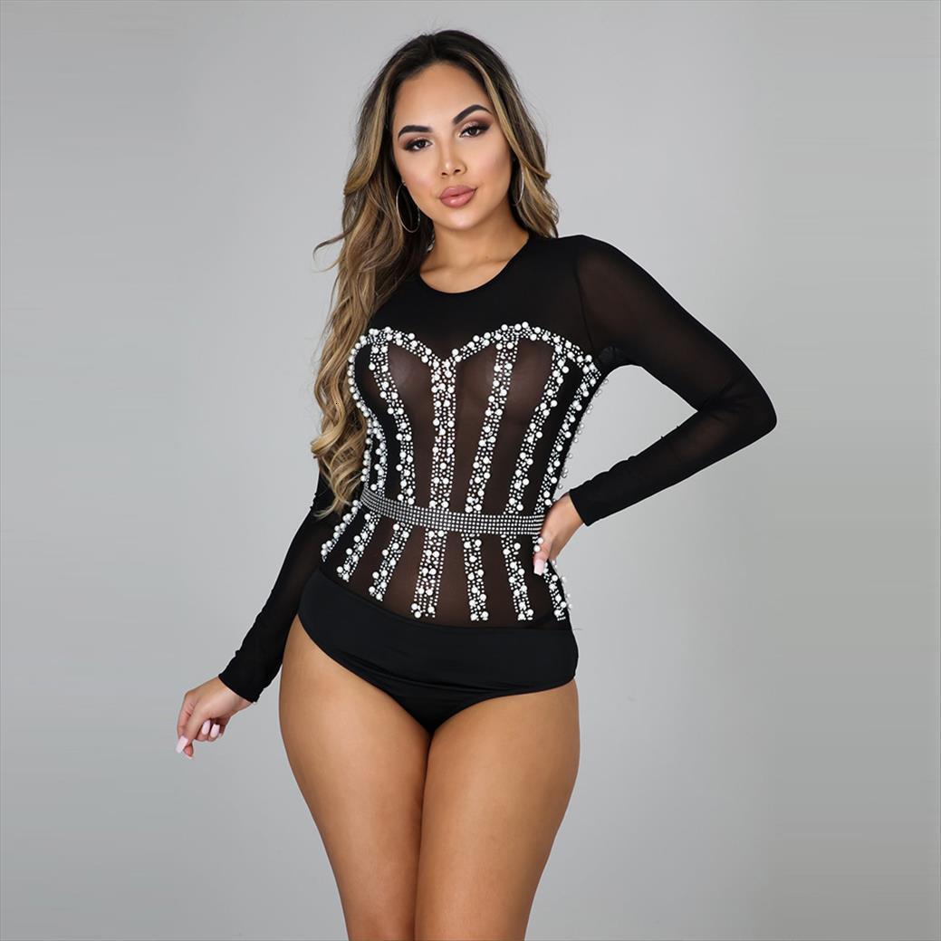 

spring mesh bodysuit womens romper diamond long sleeve nail bubble all match party club playsuits, Black;white