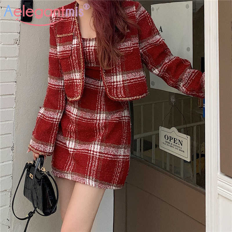 

Aelegantmis Sexy Cute Women Plaid Cropped Woolen Tweed Jacket and Slip Mini Dress Piece 2 Set Harajuku Kawaii 210607, Dress s