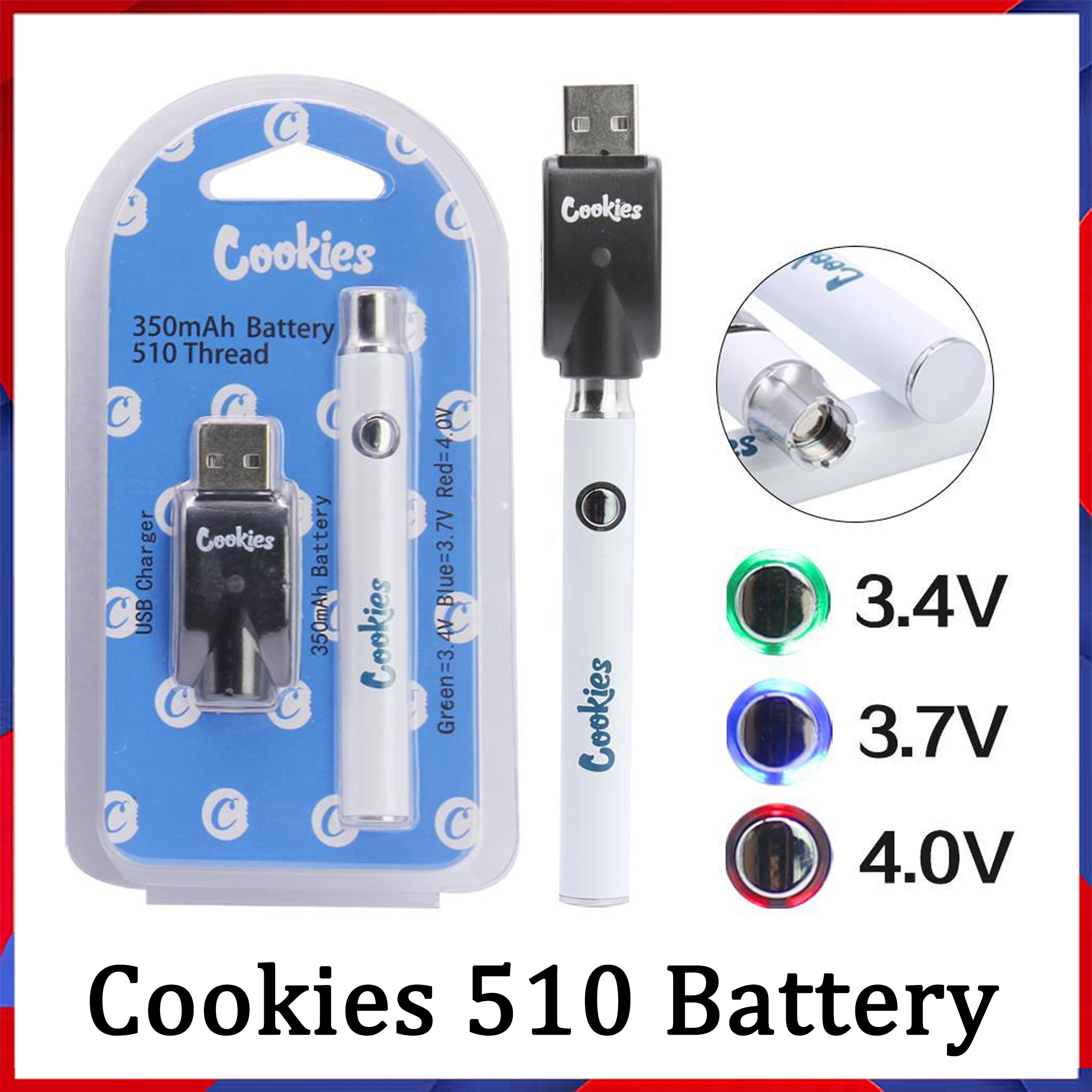 

Cookies Preheating Vape Battery 4 Colors USB Charger Kits 510 Thread Preheat 350mah VV Variable Voltage Batteries Blister pack