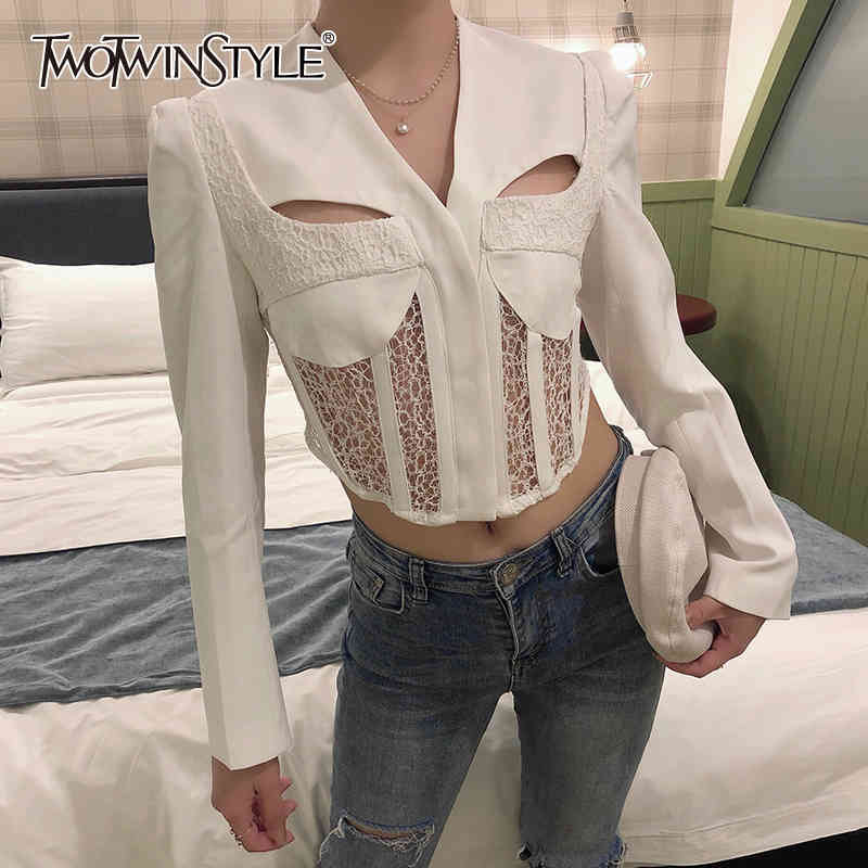 

White Korean Short Slim Blazer For Women V Neck Long Sleeve Patchwork Lace Blazers Female Spring Fashion Style 210524