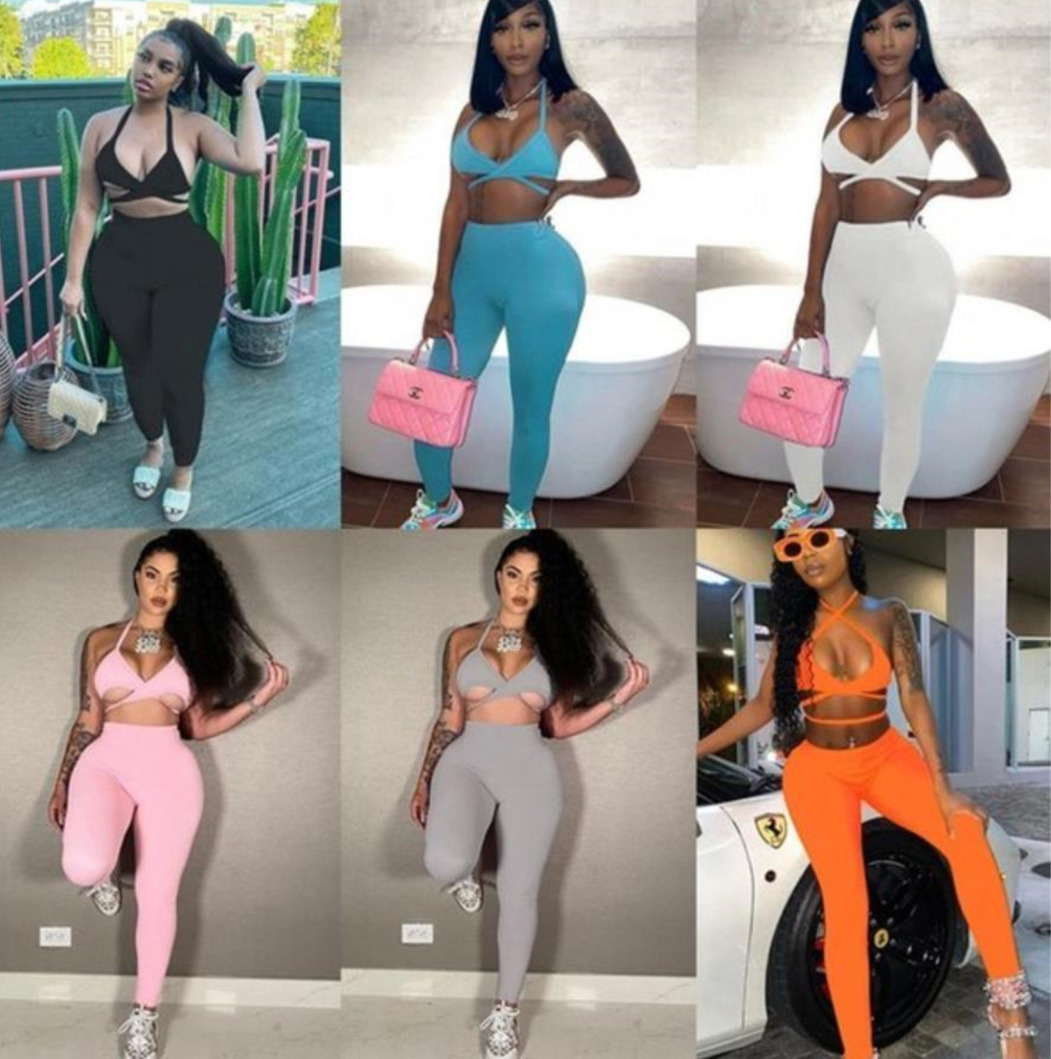 

summer womens tracksuits Solid color sexy low cut suspender vest casual sportswear Two-piece sets fashion Sling trousers Outfits y467, White