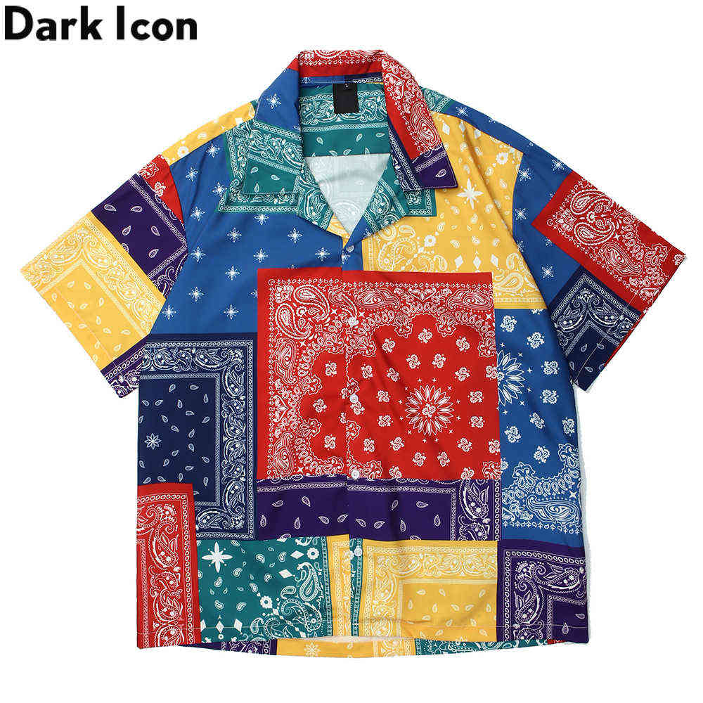 

Colorful Bandana Patchwork Polo Shirt Summer Street Fashion Men's Hawaiian Shirt Male Blouse 210603, As photo