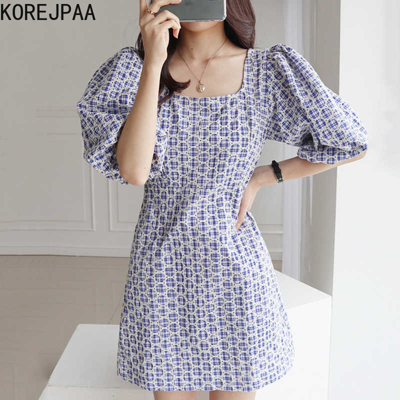 

Korejpaa Women Dress Summer Korean Chic Girls Gentle Sweet Temperament Embroidered Plaid Square Neck Puff Sleeve Vestidos 210526, Black