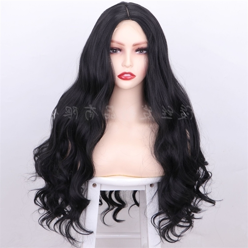 

women's long curly Wig black hairline lace chemical fiber headgear middle part, Isolated