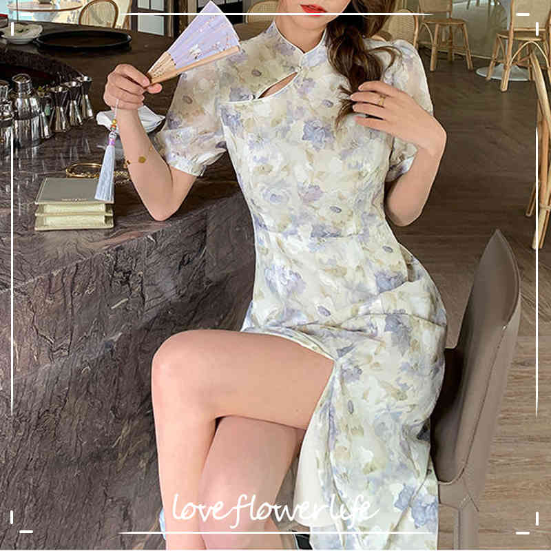 

Elegant Vintage Dresses Women Short Sleeve Floral Design Sweet Midi Dress Office Ladies Dress Korean Summer Chic 210521, Blue