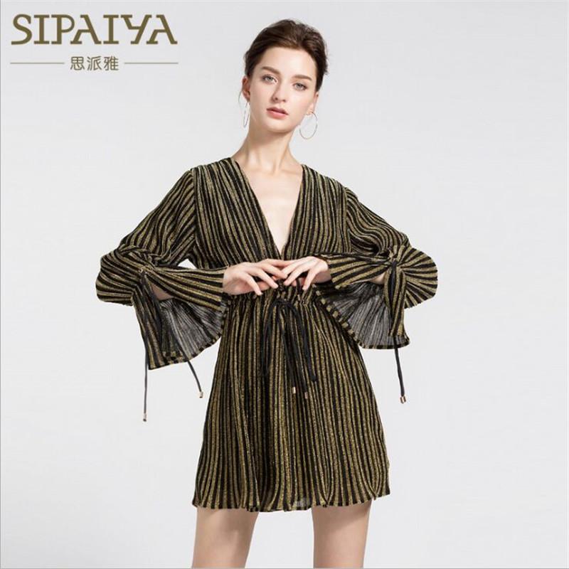 

Women's Jumpsuits & Rompers SIPAIYA Special Design Casual Women Playsuits Lace Up Slim High Waist Sexy Lady V Neck Striped Gold Wire Pleated, Black;white