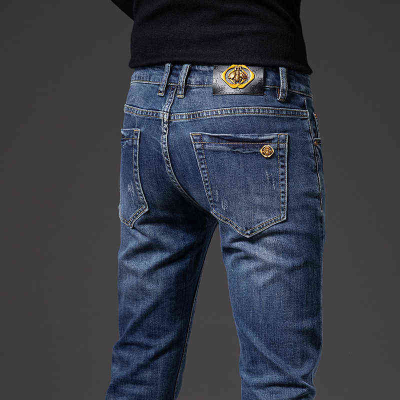 

and Autumn Winter Thick Jeans Men's Korean Version Elastic Cotton Small Feet Slim Little Bee, Deep blue