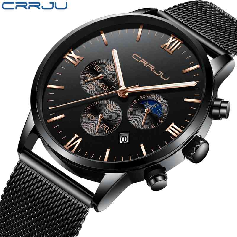 

CRRJU Men's Chronograph Bussiness Watches with Mesh belt Fashion Sports Quartz Army Wrist Watch Men Date Luxury Waterproof Clock 210517, Leather rose black
