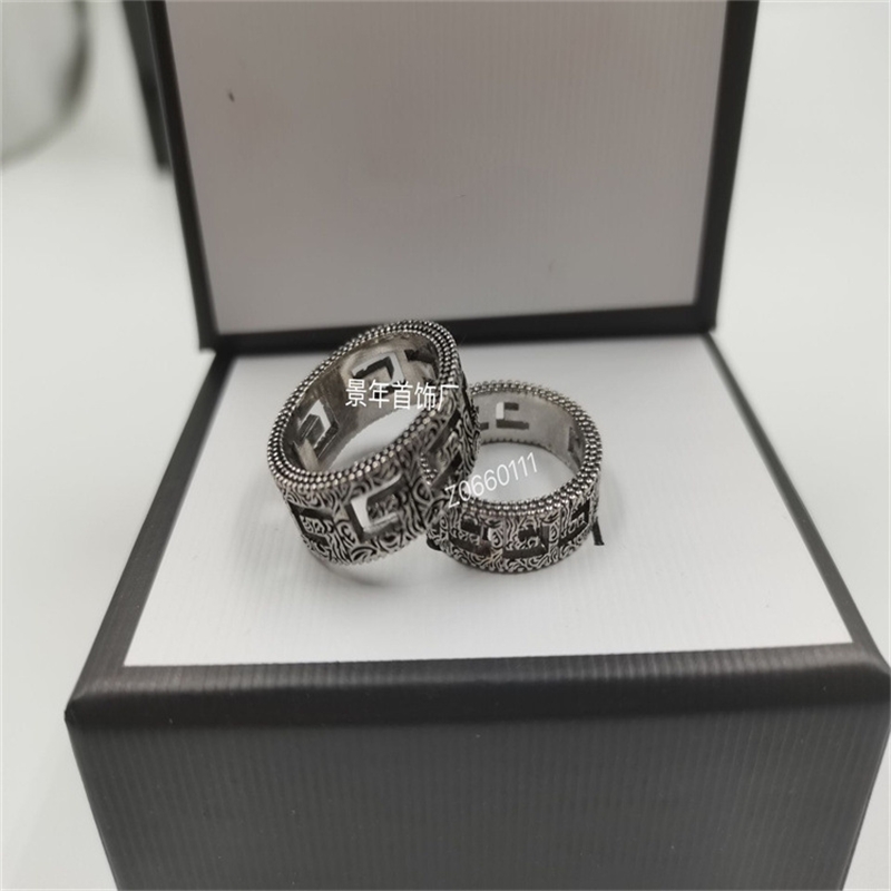 

Gujia double G carved pattern hollow out wide narrow version square personalized couple ring, Black