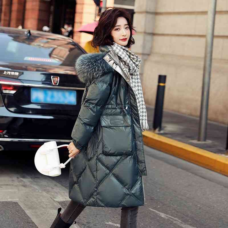 

2021 winter new Korean version bright face real wool collar down jacket women's medium and long thickened loose coat fashion trend, Black