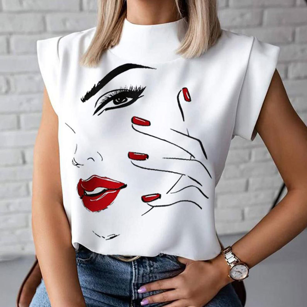 

Jocoo Jolee Wild Stand Neck Slim Shirt Summer Girl Print Tops and Blouses Office Lady Elegant Short Sleeve Chiffon Blouse Blusas 210518