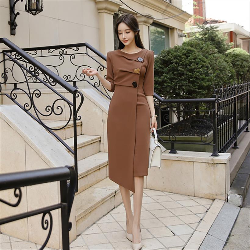 

Irregular One Piece Korean Brown Women Dress O Neck Retro Long Sleeve Sexy Office Midi Dresses For Clothing, Black;gray