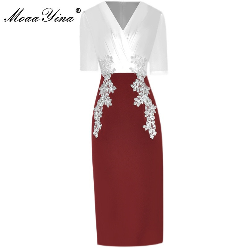 

Summer Women's High Street Midi Dress V-neck Short sleeve Applique Embroidery Red White Splicing Slim Pencil 210524