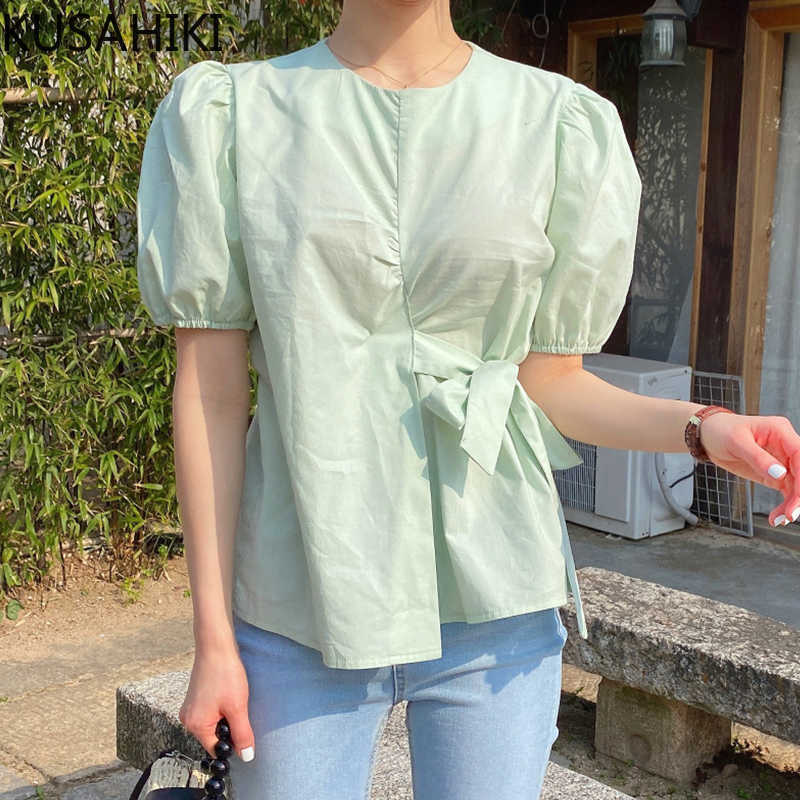 

Women Blouses Chic Lace Up Slim Waist Shirt Causal Puff Short Sleeve O-neck Solid Blusas Mujer De Moda 6H144 210603, Green