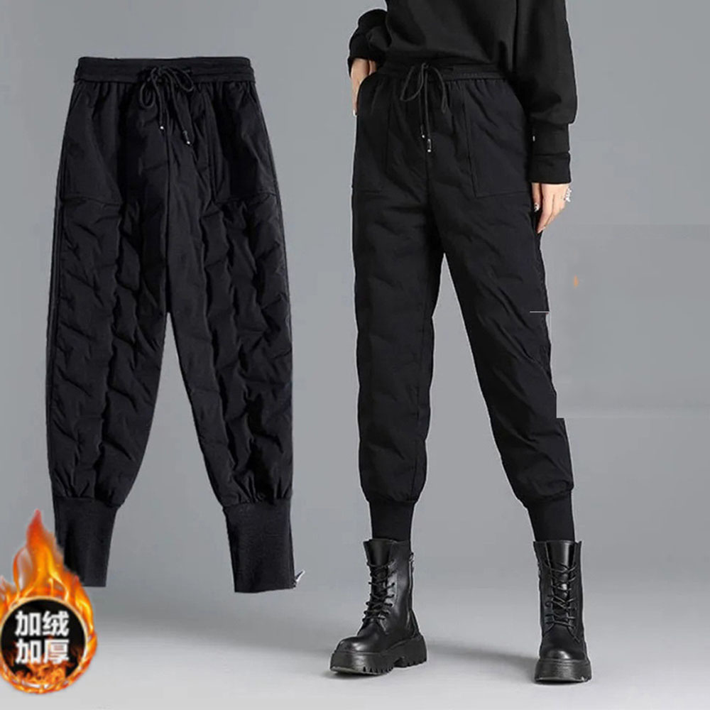 

High Waist Sweatpants Women Winter Warm Down Cotton Pants Black Long Trouser Elastic Waist Casual Trousers Windproof Pants 2pcs