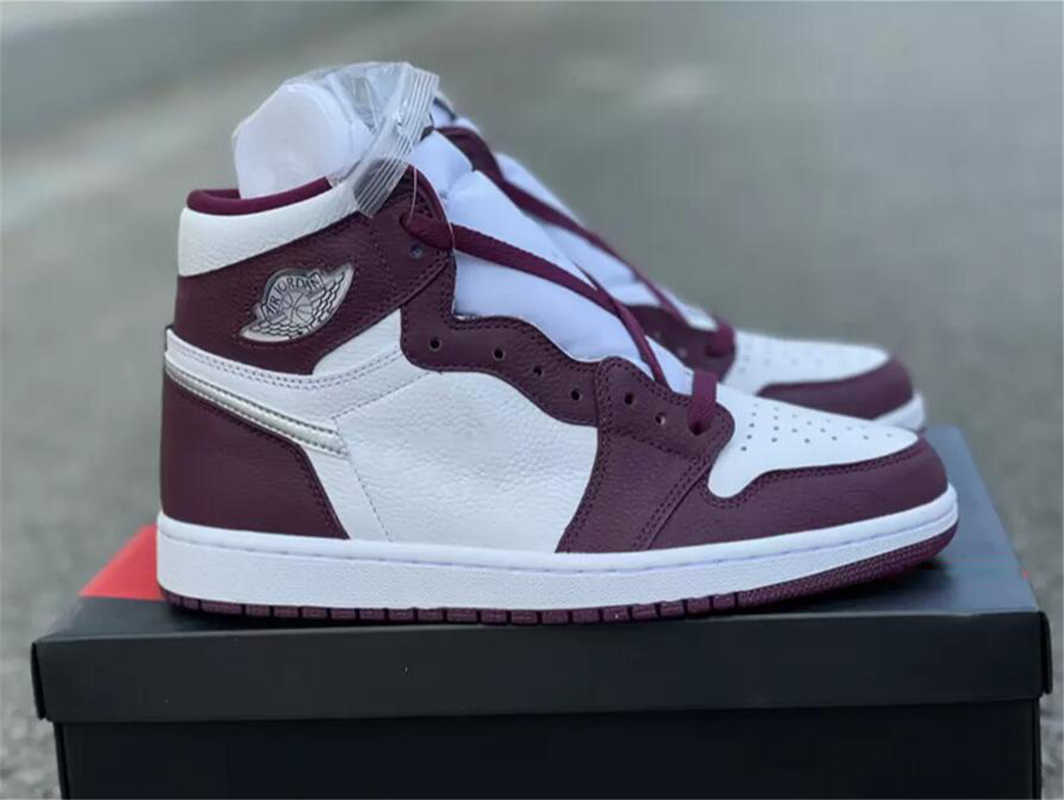 

2021 Authentic 1 High OG Bordeaux Outdoor Shoes Men Women White Metallic Silver Hand Crafted 555088-611 Sports Sneakers With Box