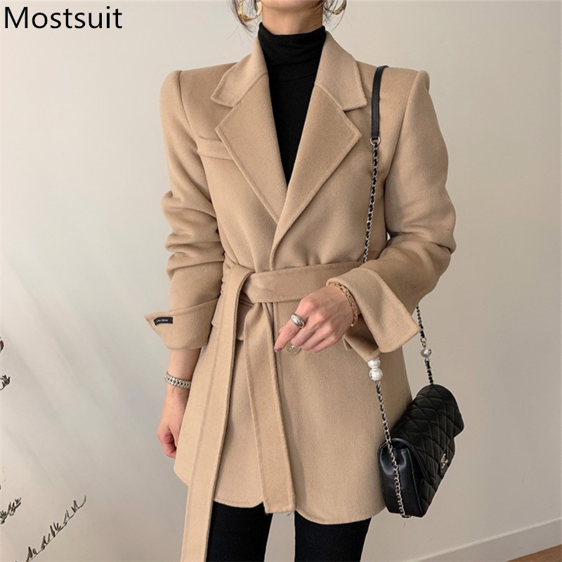 

Korean Woolen Belted Women Suit Blazer Winter Long Sleeve Single-breasted Coat Jacket Office Workwear Elegant Ladies 210518, Apricot