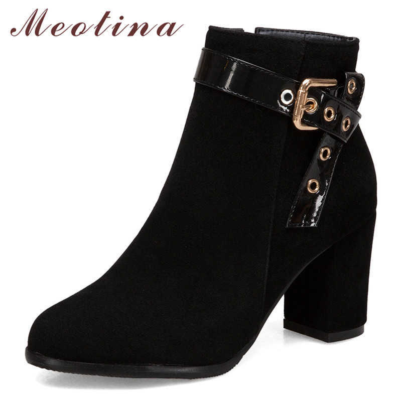 

Meotina Women Boots Autumn Ankle Boots Buckle Chunky High Heels Short Boots Zipper Round Toe Shoes Female Winter Plus Size 33-46 210608, Black